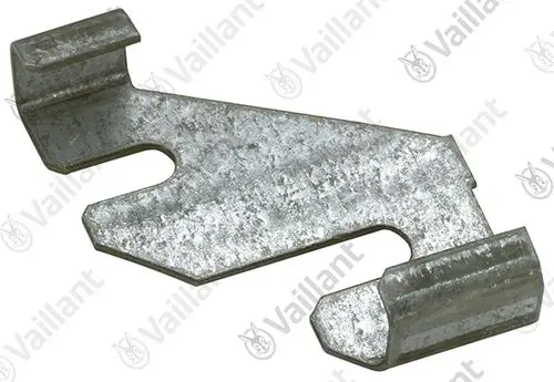Metallklammer von Vaillant, geformt mit zwei seitlichen Aufnahmen und einer Aussparung in der Mitte, zur Verwendung in Heizungsanwendungen.